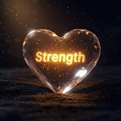 Glowing heart with the word strength inside against a dark background