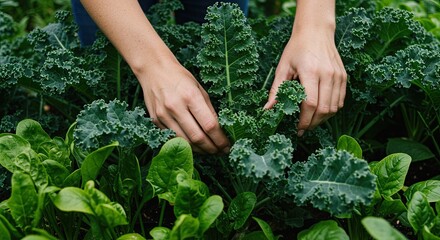 Hands harvesting fresh green vegetables in garden environment