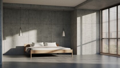 Minimalist bedroom concrete wall sunlight