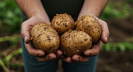 Hands holding freshly harvested potatoes against blurred field background