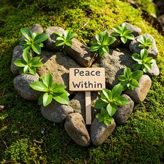 Heart shape of stones with greenery and a sign depicting peace within