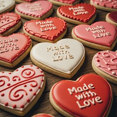 Heart shaped cookies with intricate designs on a wooden surface background