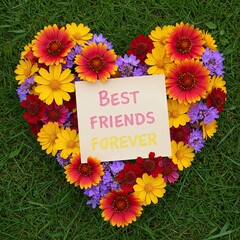 Heart shaped floral arrangement with message on green background