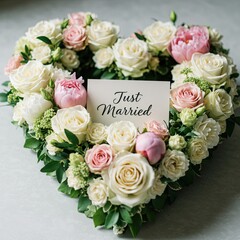 Heart shaped floral arrangement with roses and text wedding decoration