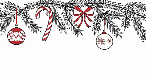 Horizontal Christmas border with black and white pine branches, red ornaments, a striped candy cane, and a decorative bow.