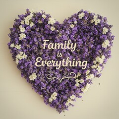 Heart shaped floral arrangement with text for love and family concepts