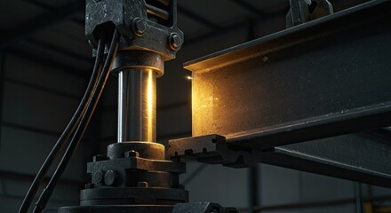 Industrial machinery processing metal beam with metallic reflections and yellow glow
