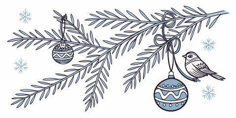 Hand-drawn winter vector illustration with a bird perched on a spruce branch, decorated with ornaments and snowflakes.