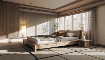 Minimalist bedroom interior with tatami mat