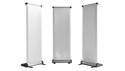 Three blank banner stands isolated on a transparent background display advertising