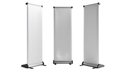 Three blank banner stands isolated on a transparent background display advertising
