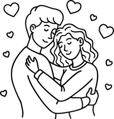 Couple hugging line art isolated on white background isolated on transparent background