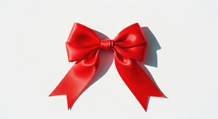 Fototapeta premium A vibrant red satin bow with elegant loops and tails rests on a clean white surface