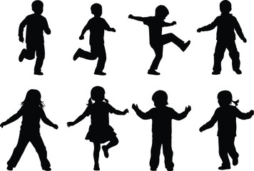 Silhouette of children running, jumping, dancing, playing together, group of happy kids in motion, childhood activity, fun outdoor movement