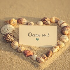 Seashell heart on sandy beach with ocean soul message and copy space
