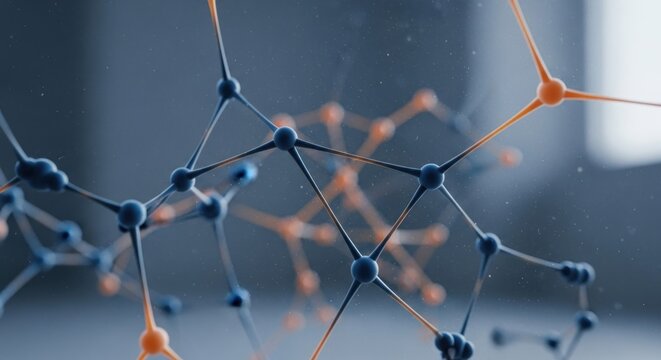 Abstract 3D rendering of interconnected blue and orange spheres forming a network