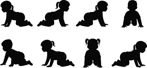 Silhouette illustration of crawling baby poses, adorable infant movement collection, child development stages, cute baby silhouettes, toddler learning to crawl