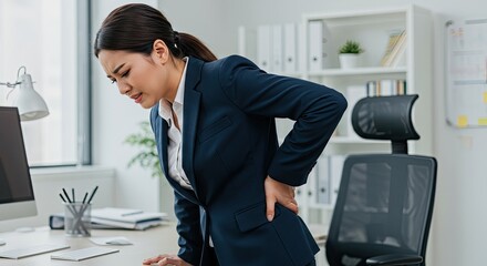 Woman experiencing back pain in office setting wearing professional attire