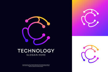 Minimal modern letter C tech logo design. Abstract circuit board logo inspiration.