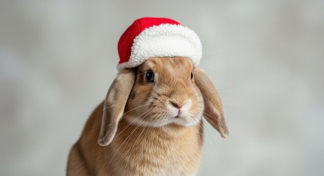 Adorable brown lop-eared bunny wearing a tiny red and white festive hat, looking forward