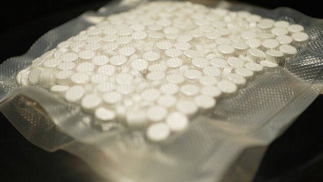 Seized by police, Oxy, Meth, Fentanyl or synthetic opioid drugs. Powder drugs pressed in pills shape and packaged in to small plastic bags for transportation and sale in clubs, party and streets.