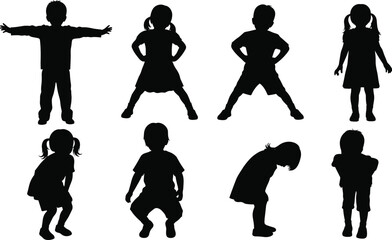 Silhouette collection of children standing and playing, vector illustration of kids in different poses, black isolated figures for design