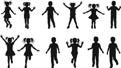 Silhouette collection of children jumping and running, vector illustration of happy kids in motion, isolated black design for artwork