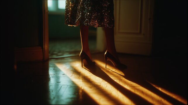 Silhouette of a woman in high heels standing in sunlight with a shimmering skirt, creating long shadows on the floor.