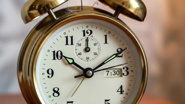 Classic brass alarm clock displaying 730 on a wooden table with a soft background light