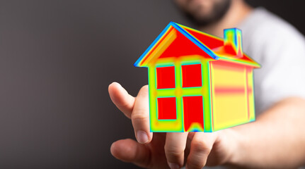 A hand holds a digital house model, symbolizing home energy efficiency, investment, and future,...