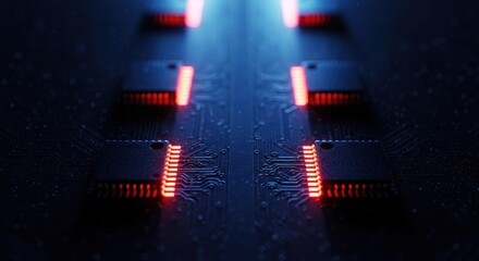 Close-up of a dark circuit board with glowing red chips and blue light trails, futuristic
