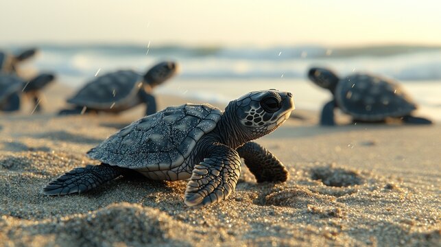 Close-up of a baby sea turtle on wet sand, with others heading to ocean at sunrise