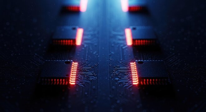Close-up of a dark circuit board with glowing red chips and blue light trails, futuristic - Powered by Adobe