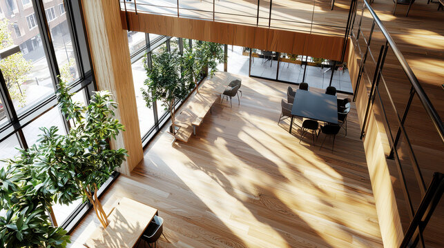 Modern coworking space featuring large windows, wooden flooring, and greenery. design emphasizes natural light and open areas, creating vibrant