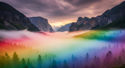 Rainbow fog in yosemite valley at sunrise