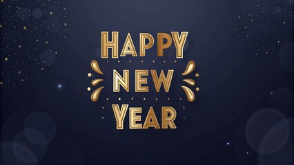 Happy new year text in gold with decorative elements on a dark blue background