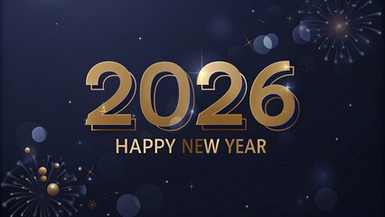 Golden twenty twenty six new year greeting with fireworks on a dark blue background