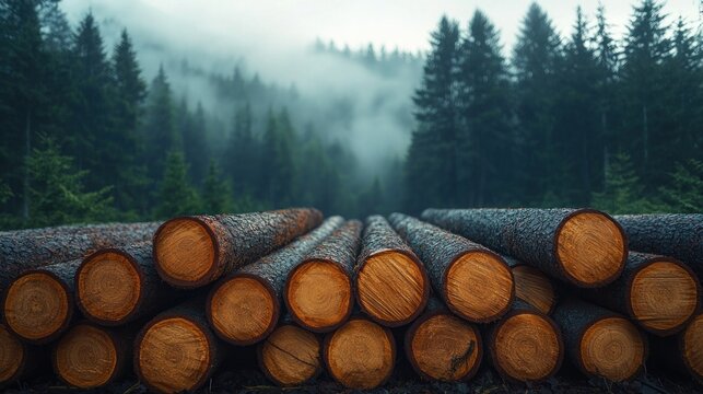 Close-up of stacked timber logs with a misty, dense evergreen forest background