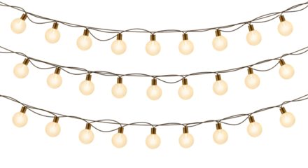 Three rows of unlit outdoor string lights suspended on a transparent background