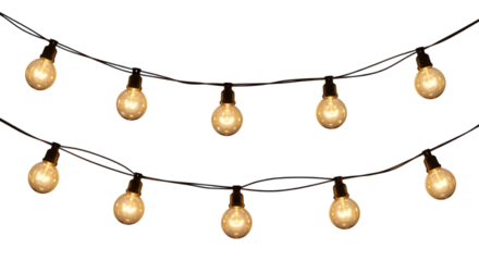 Two strands of glowing outdoor string lights suspended on a transparent background