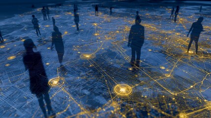 Aerial view depicting human silhouettes over a digital network map, symbolizing connectivity and technology interaction in modern society.