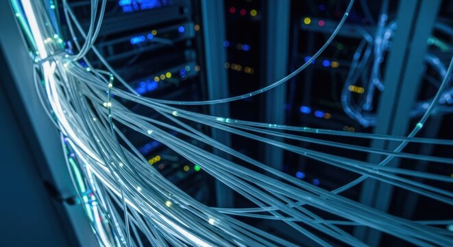 Close-up of vibrant, glowing fiber optic data cables against blurred server racks