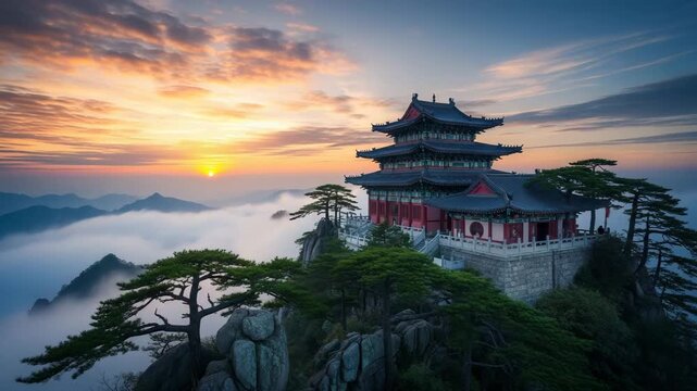 Ancient Chinese Temple Greeting the Sunrise Above a Sea of Clouds.