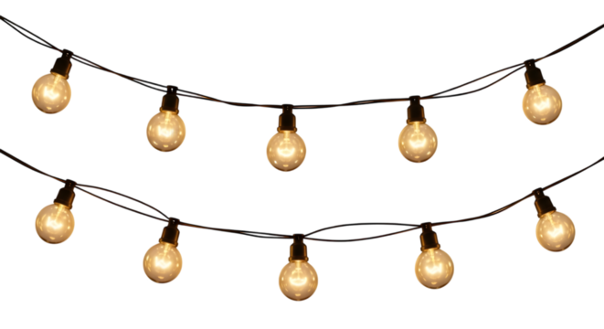 Two strands of glowing outdoor string lights suspended on a transparent background