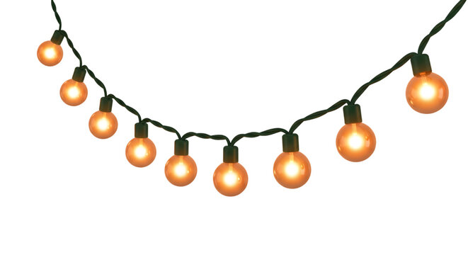 A single strand of brightly glowing orange outdoor string lights on transparent background