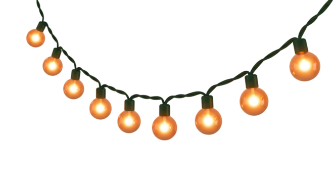 A single strand of brightly glowing orange outdoor string lights on transparent background