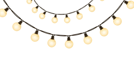 Two draped strings of large illuminated light bulbs on transparent background