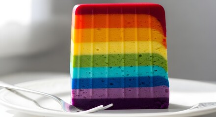 A vibrant rainbow layered jelly dessert with distinct colorful stripes, neatly sliced and served on a white plate, offering a playful and visually stunning treat perfect for parties and celebrations.
