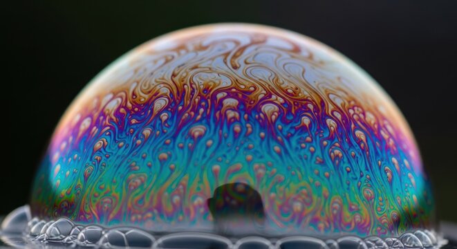 Detailed close-up of a vibrant iridescent soap bubble with swirling rainbow patterns