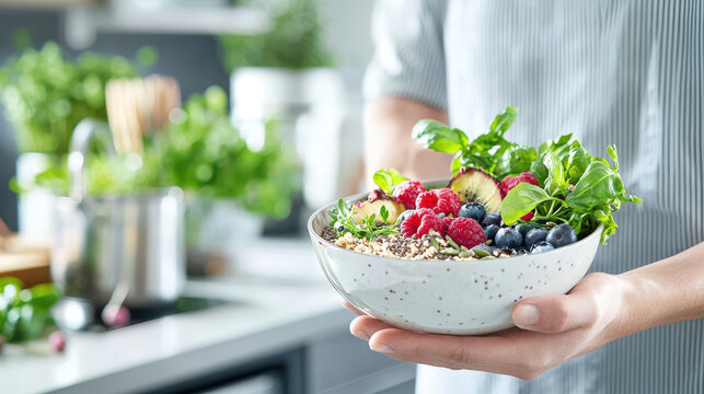 Fresh salad bowl filled with colorful fruits and greens, showcasing healthy eating and vibrant ingredients. Perfect for nutritious meal